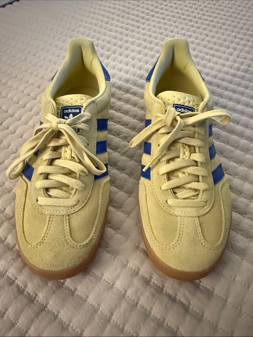 Pale yellow Adidas Gazelles with blue stripes